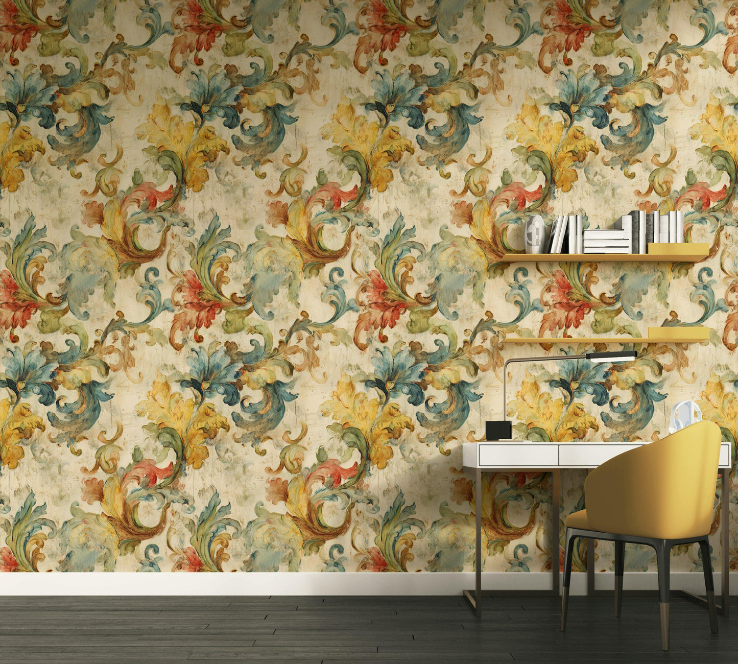 Baroque Scroll Wallpaper, Distressed Pastel Floral Mural, Peel & Stick or Unpasted Vintage Panel