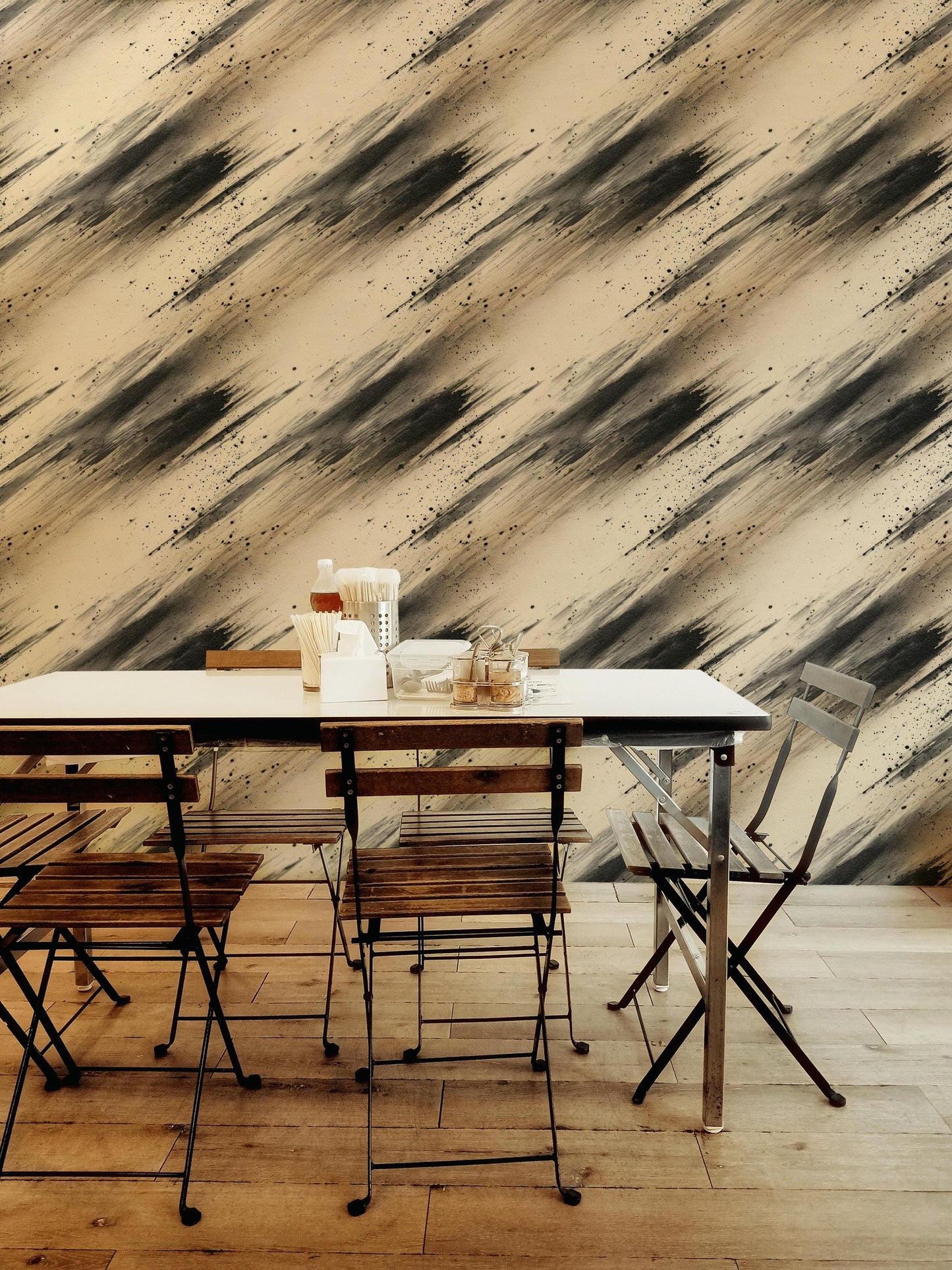 Abstract Ink Splatter Wallpaper: Black Beige Brushstrokes, Peel & Stick Mural