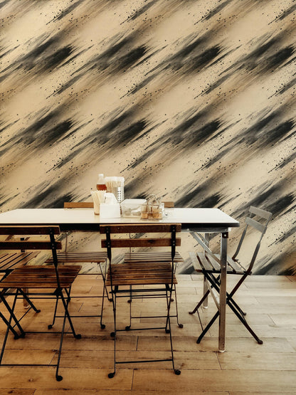 Abstract Ink Splatter Wallpaper: Black Beige Brushstrokes, Peel & Stick Mural