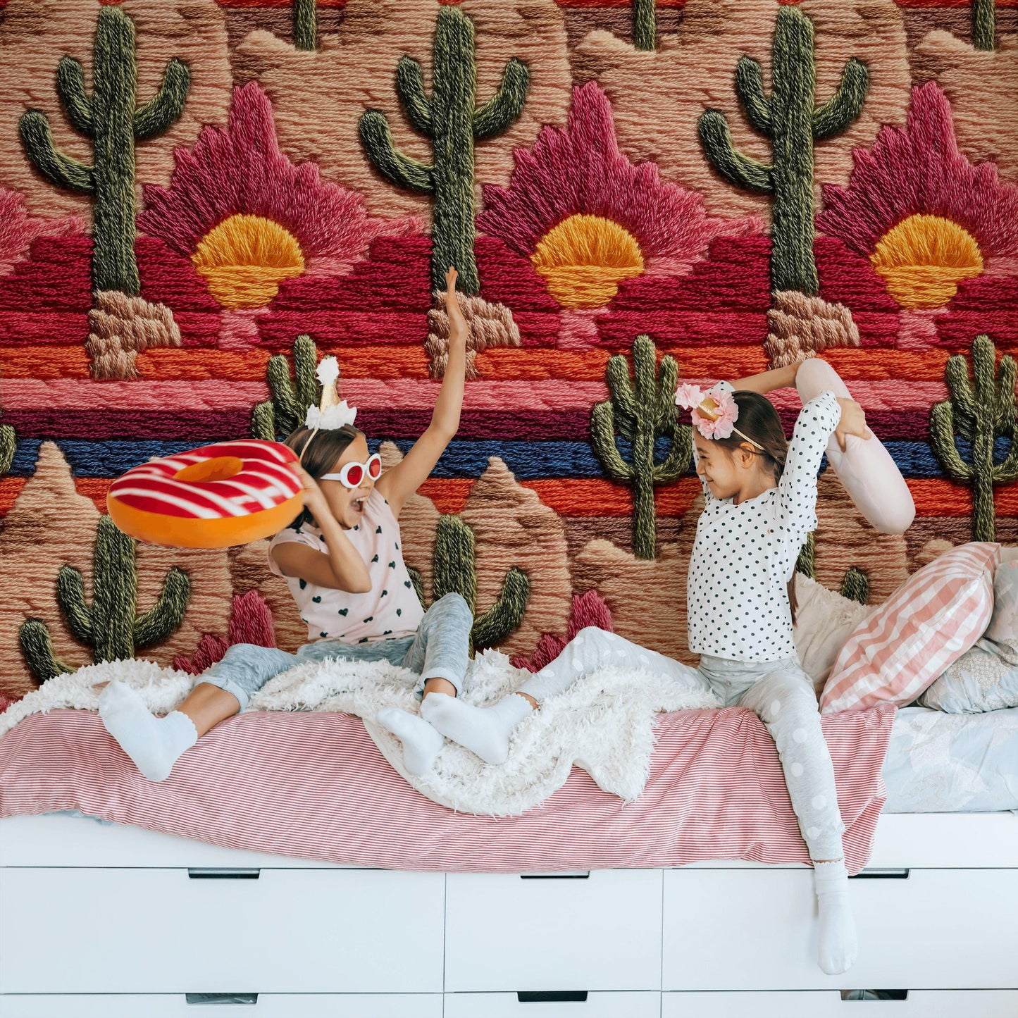 Embroidered Desert Landscape Wallpaper | Southwestern Wall Mural | Boho Peel and Stick Decor