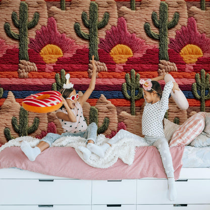 Embroidered Desert Landscape Wallpaper | Southwestern Wall Mural | Boho Peel and Stick Decor