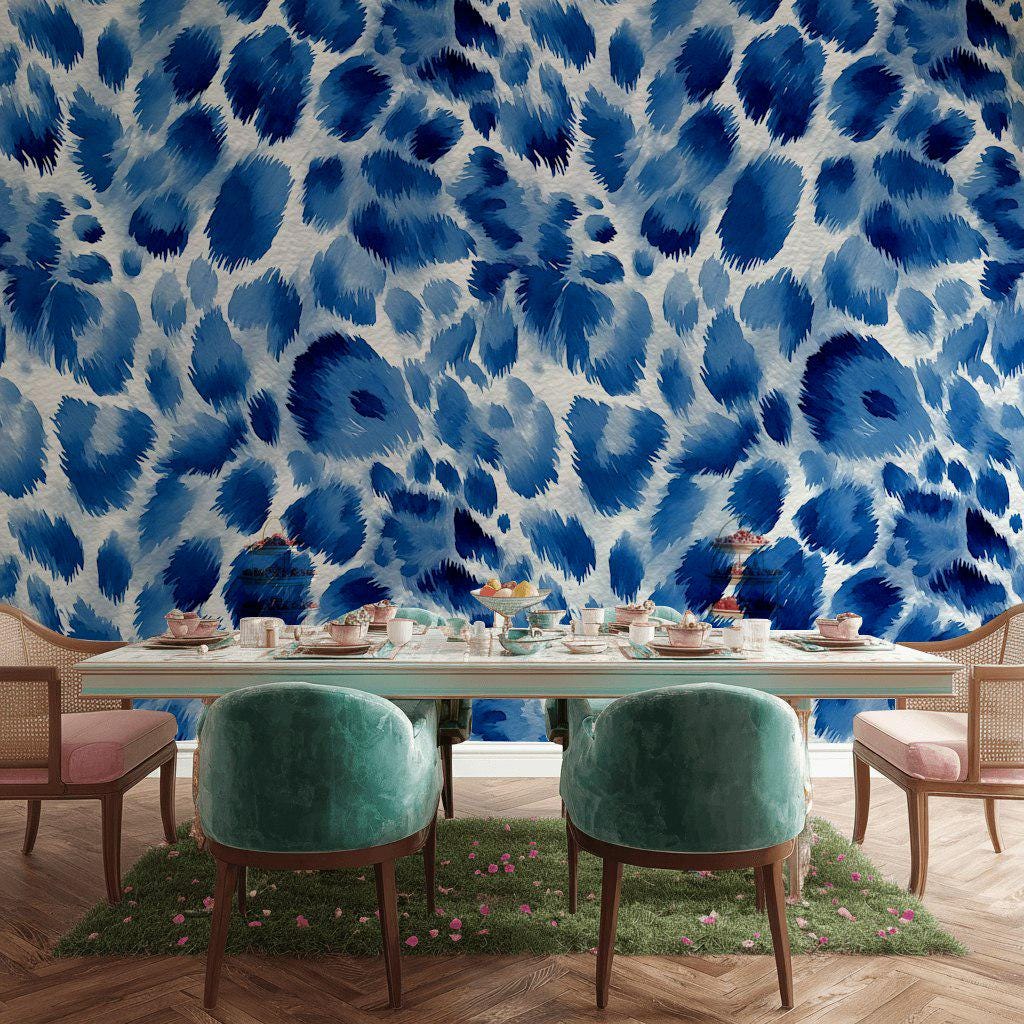 Bold Blue Animal Print Wallpaper, Watercolor Cheetah Wall Mural, Cobalt Peel and Stick Deco