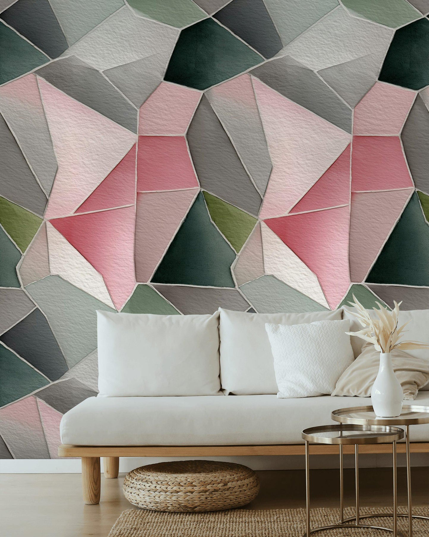 Pink & Gray Geometric Mosaic Wallpaper: Peel and Stick Wall Mural