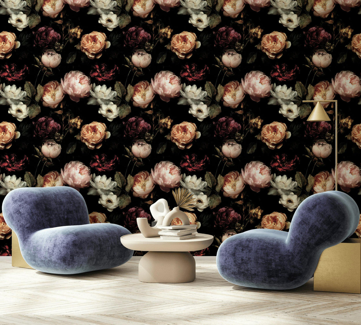 Dark Floral Wallpaper, Gothic Peony Rose Vertical Mural, Black Background Peel & Stick or Unpasted Panel