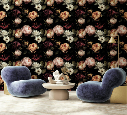 Dark Floral Wallpaper, Gothic Peony Rose Mural, Peel & Stick or Unpasted