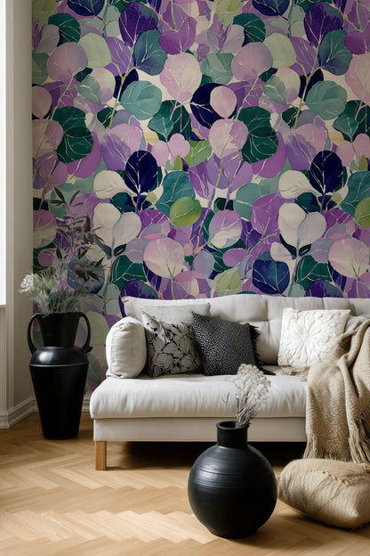 Watercolor Leaf Peel and Stick Wallpaper: Purple Green Botanical Wall Mural