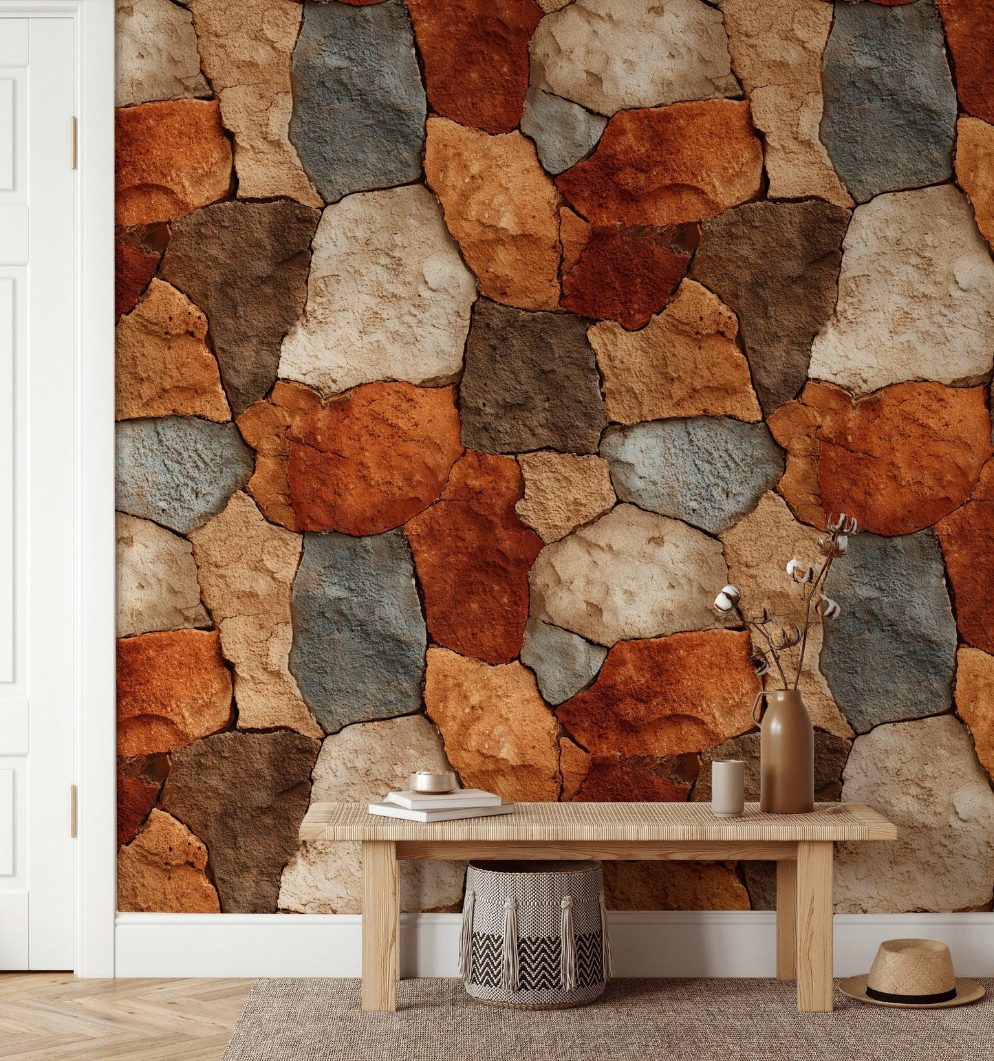 Rustic Stone Wall Wallpaper | Natural Stacked Rock Mural | Faux Stone Peel and Stick Decor