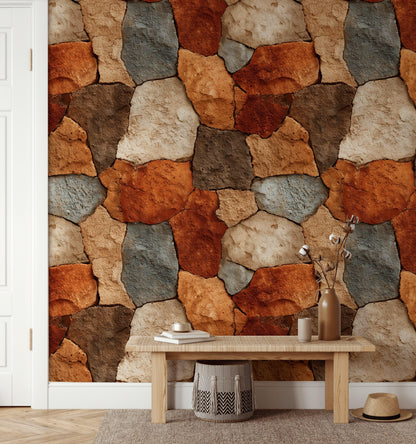 Rustic Stone Wall Wallpaper | Natural Stacked Rock Mural | Faux Stone Peel and Stick Decor