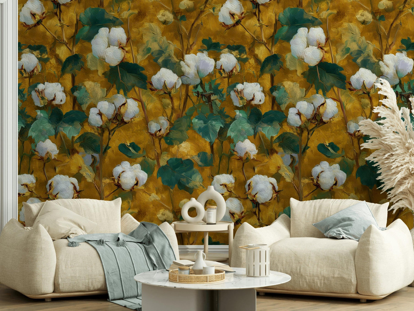 Rustic Cotton Plant Wallpaper | Farmhouse Botanical Wall Mural | Yellow Peel and Stick Decor