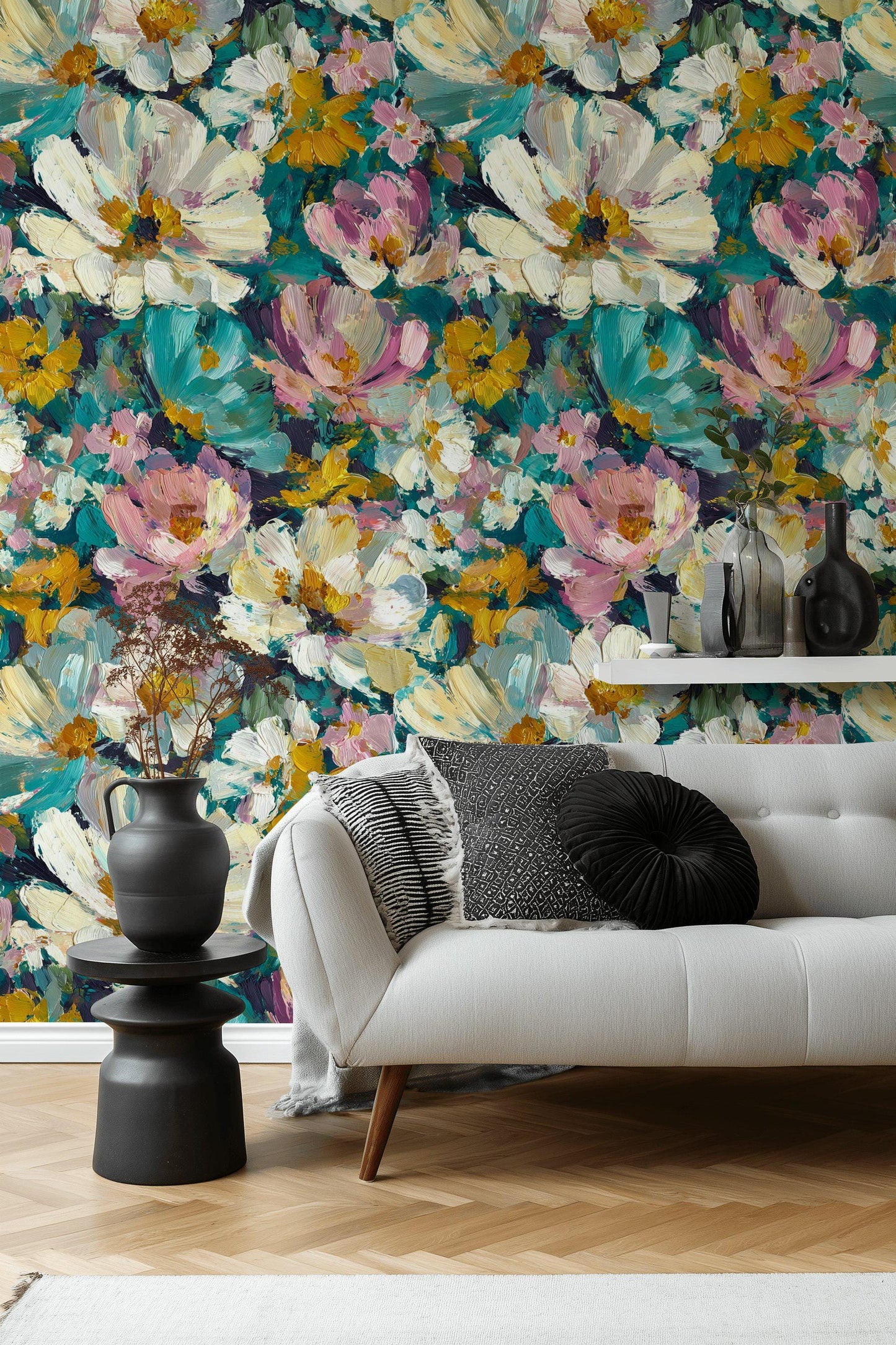 Textured Impasto Floral Wallpaper Mural: Peel and Stick Art Decor