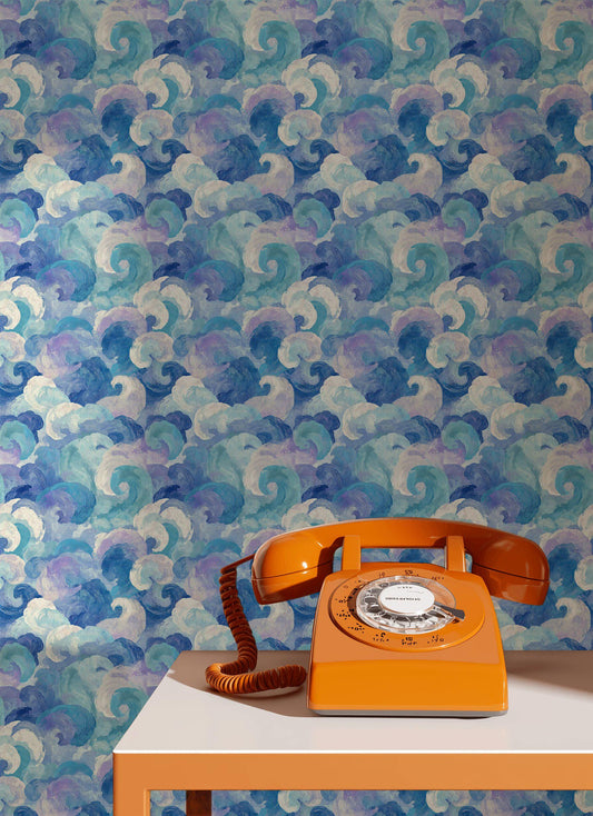 Blue Purple Wave Wallpaper Mural: Abstract Ocean Swirl (Peel & Stick or Unpasted)