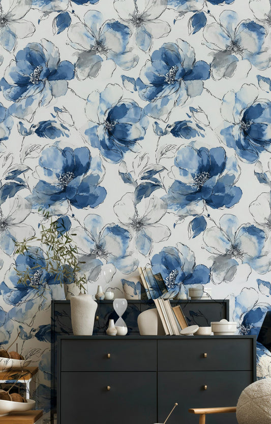 Blue Watercolor Peony Wallpaper: Abstract Floral Peel and Stick Wall Mural