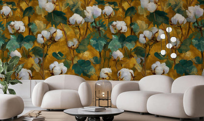 Rustic Cotton Plant Wallpaper | Farmhouse Botanical Wall Mural | Yellow Peel and Stick Decor