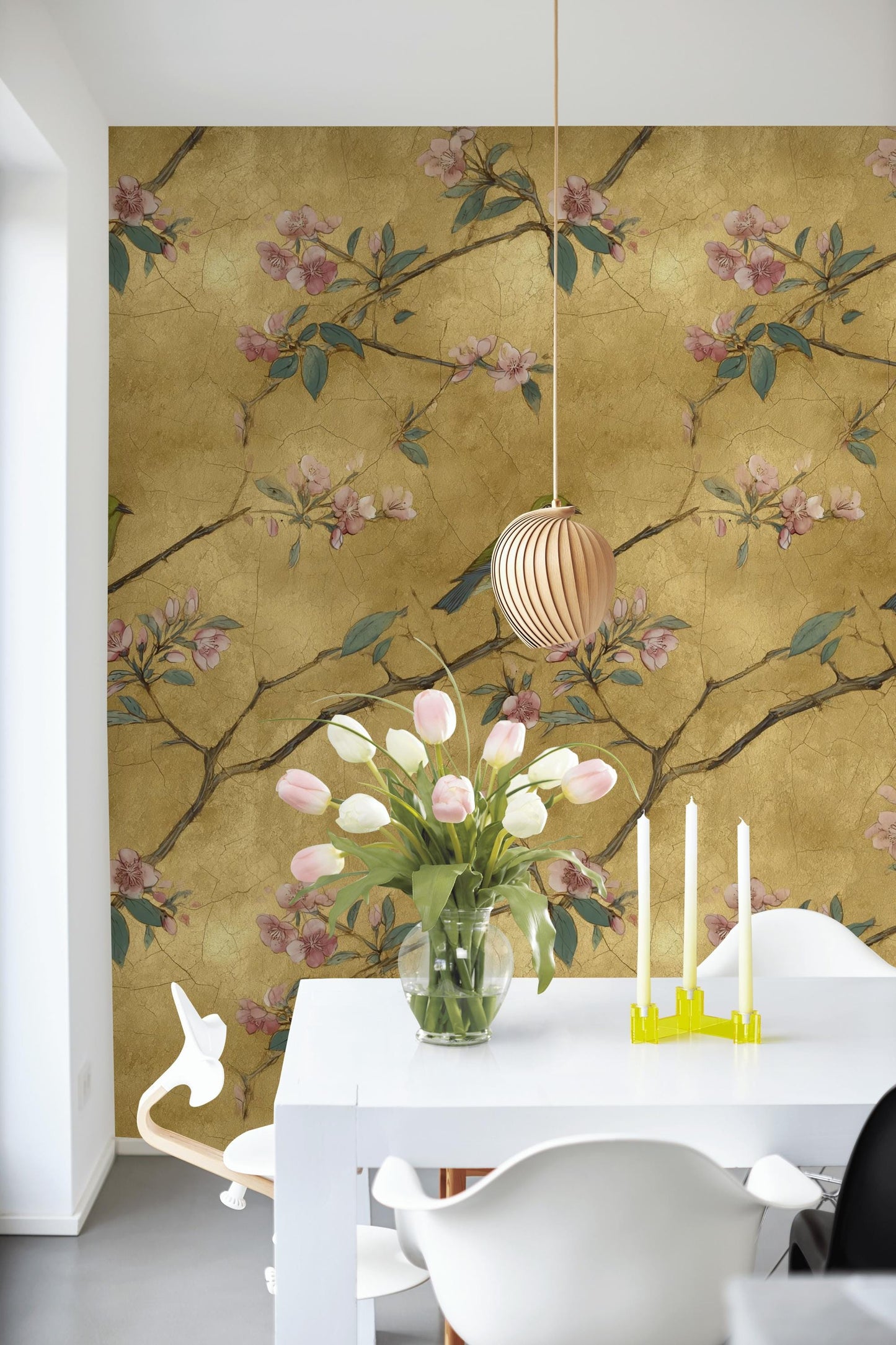 Chinoiserie Gold Leaf Wallpaper: Bird & Cherry Blossom Peel and Stick Mural