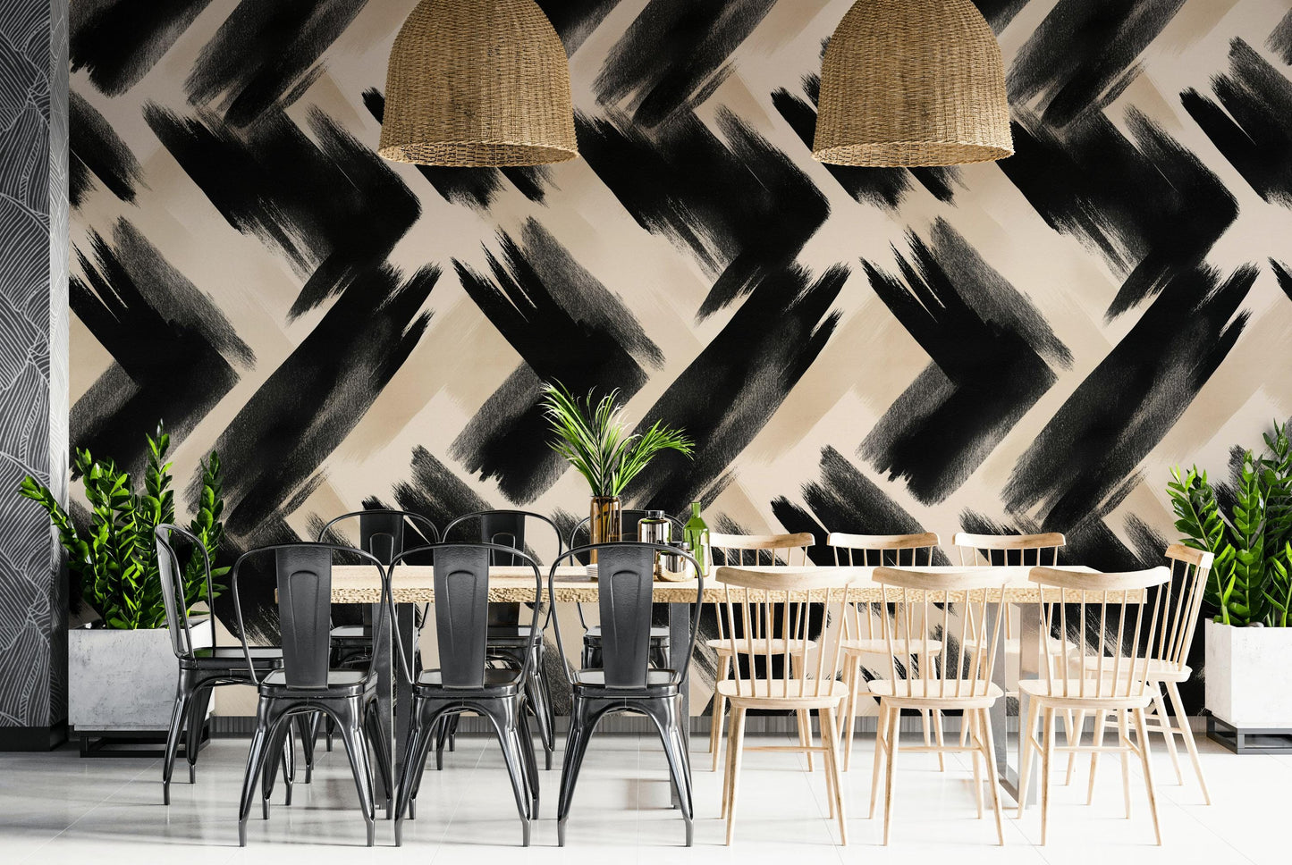 Abstract Brush Stroke Wallpaper | Modern Black White Wall Mural | Artistic Peel and Stick Decor