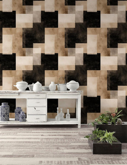 Abstract Geometric Squares Wallpaper | Modern Minimalist Wall Mural | Neutral Peel and Stick Decor