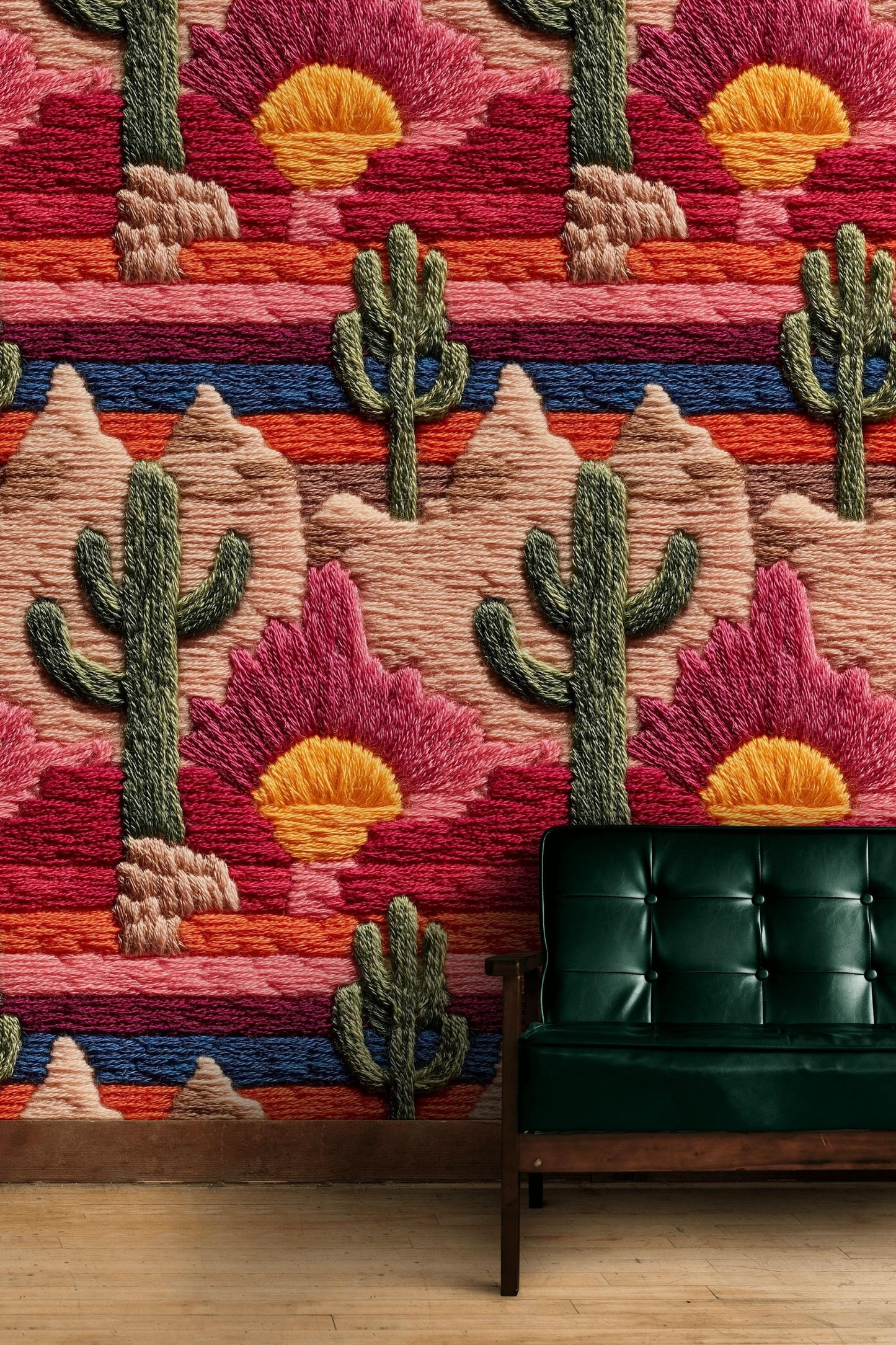 Embroidered Desert Landscape Wallpaper | Southwestern Wall Mural | Boho Peel and Stick Decor