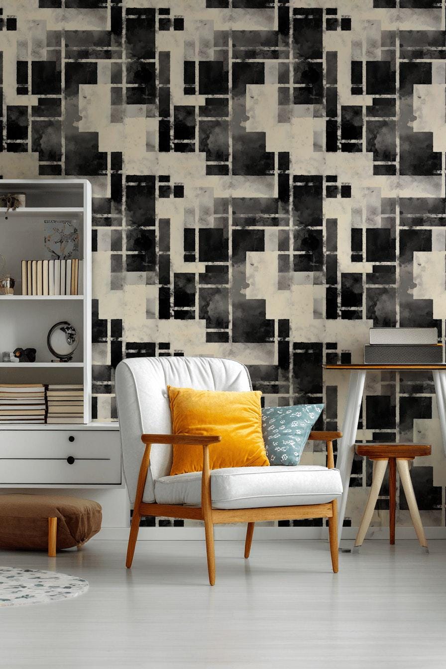 Monochrome Bauhaus Wallpaper: Abstract Watercolor Grid, Peel & Stick Mural