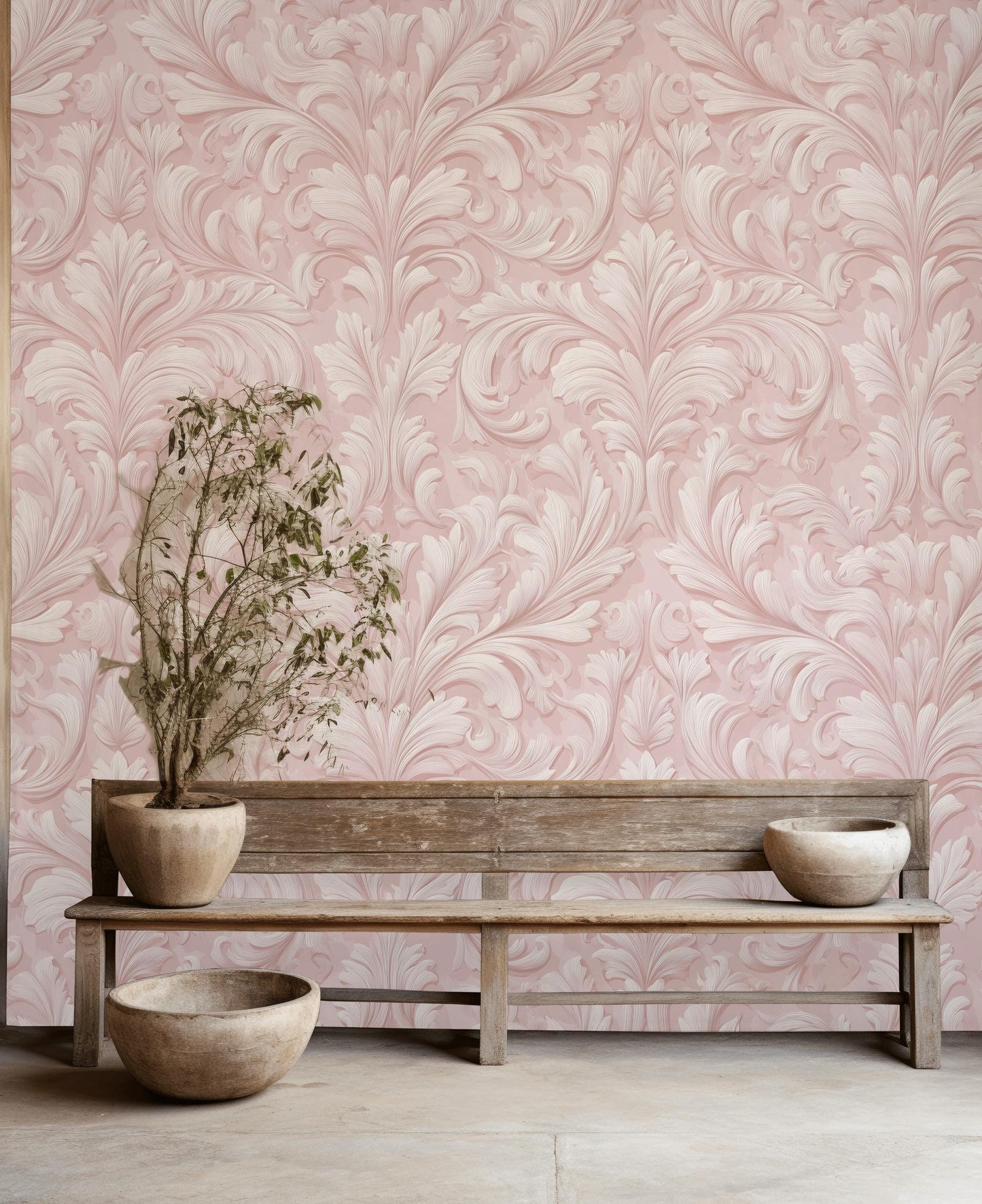 Embossed Damask Wallpaper, Pink Wall Mural, Classic Floral Scroll, Peel and Stick Decor