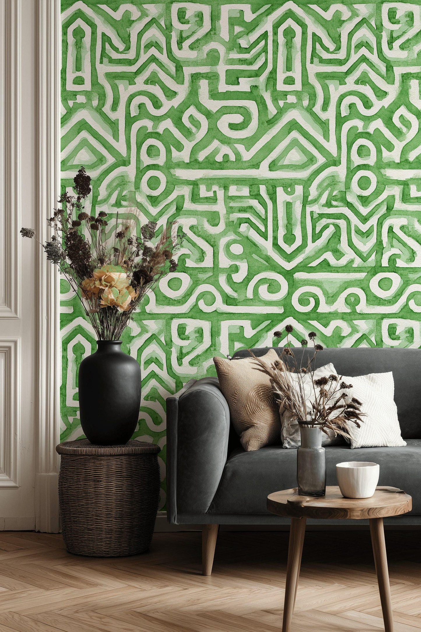 Watercolor Abstract Wallpaper, Green Labyrinth Geometric Wall Mural, Modern Peel and Stick Wall Decor