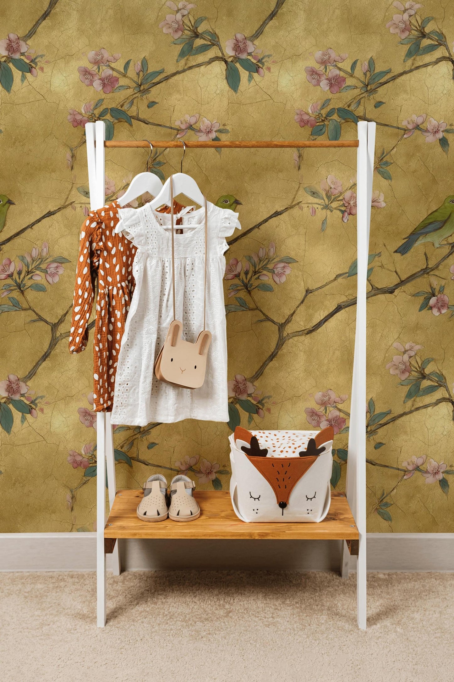Chinoiserie Gold Leaf Wallpaper: Bird & Cherry Blossom Peel and Stick Mural