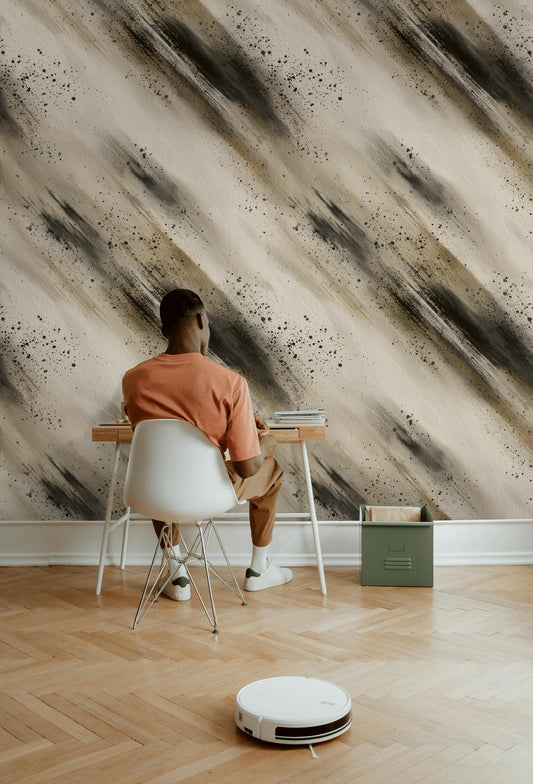 Abstract Brush Stroke Peel and Stick Wallpaper: Neutral Ink Wash Mural