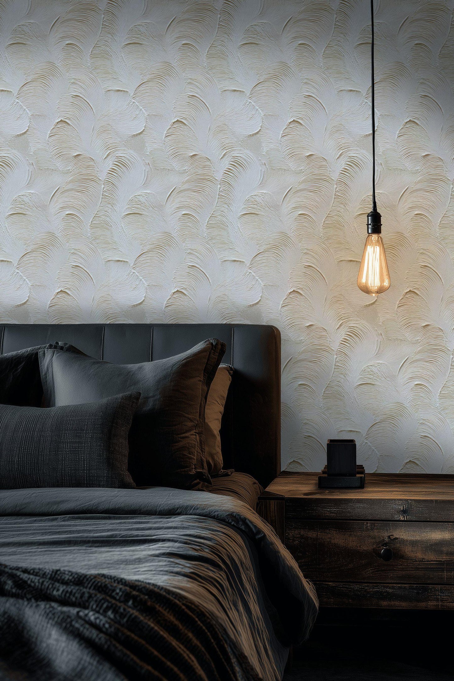Artisan Faux Stucco Wallpaper, Off-White Fan Texture Peel & Stick Mural, Minimalist Vertical Panel