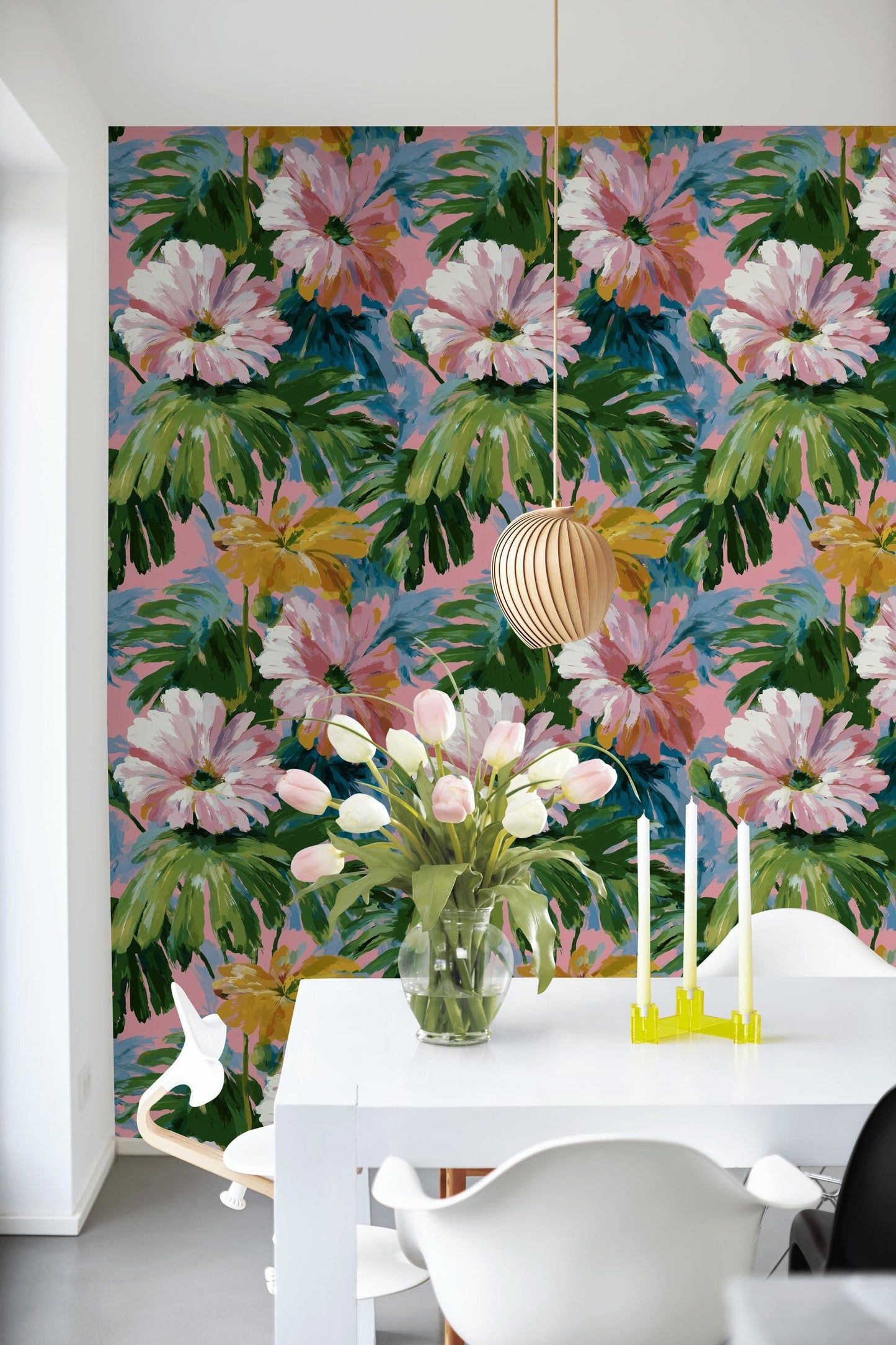 Tropical Floral Wallpaper: Impressionist Pink & Green Peel and Stick Mural