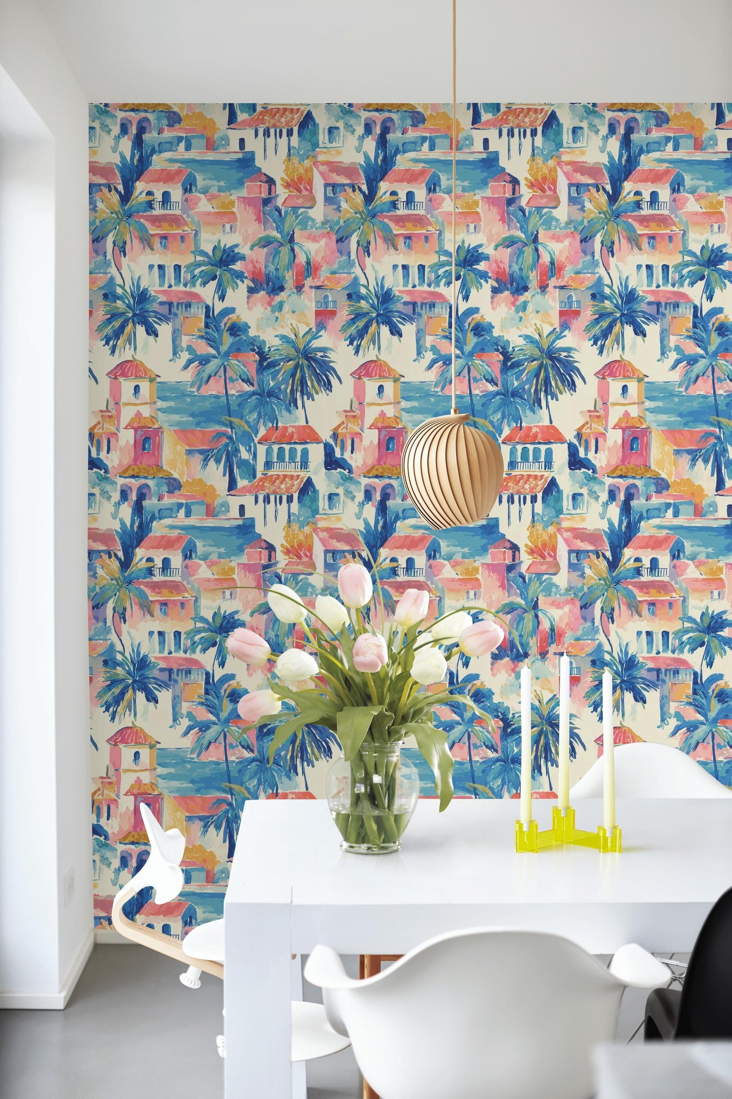 Watercolor Mediterranean Village Peel and Stick Wallpaper | Coastal Town Wall Mural Removable Seaside Decor