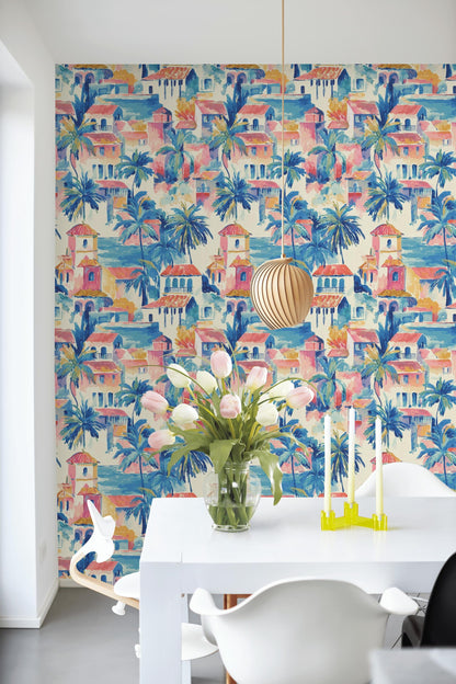 Watercolor Mediterranean Village Peel and Stick Wallpaper | Coastal Town Wall Mural Removable Seaside Decor