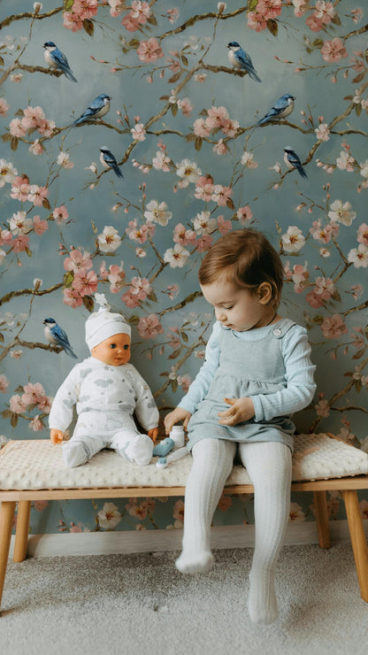 Cherry Blossom Wallpaper Mural: Peel and Stick Bird Wall Decor