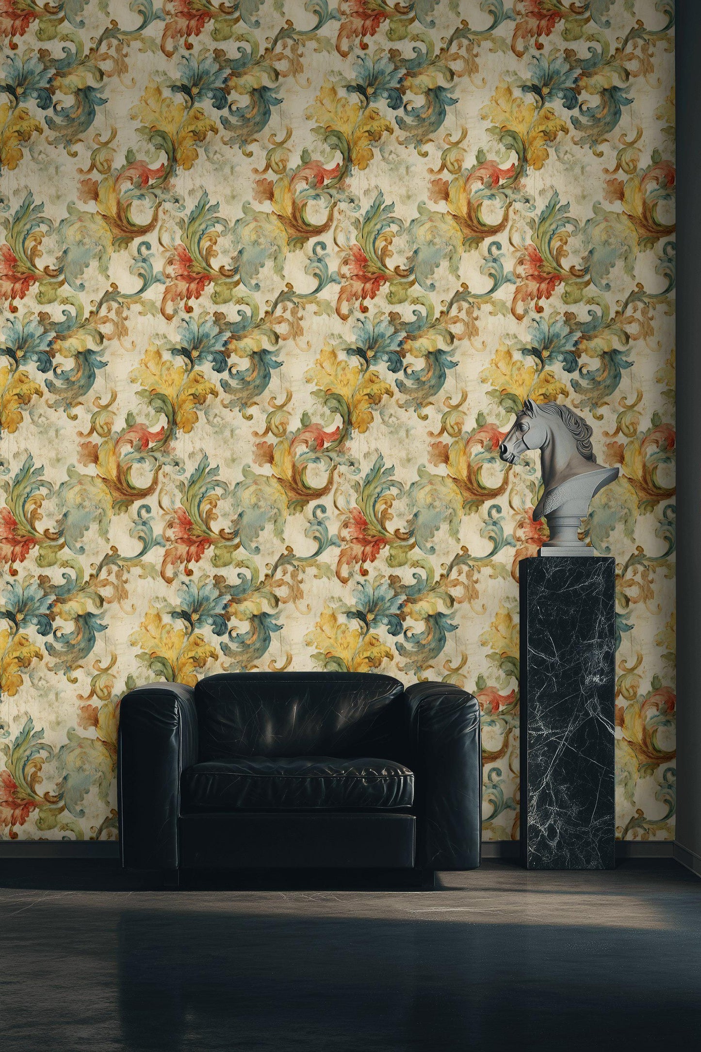 Baroque Scroll Wallpaper, Distressed Pastel Floral Mural, Peel & Stick or Unpasted Vintage Panel