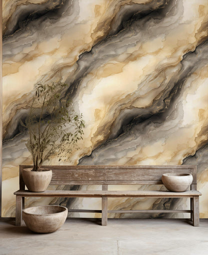 Abstract Gold Marble Wallpaper | Neutral Fluid Art Wall Mural | Modern Peel and Stick Decor