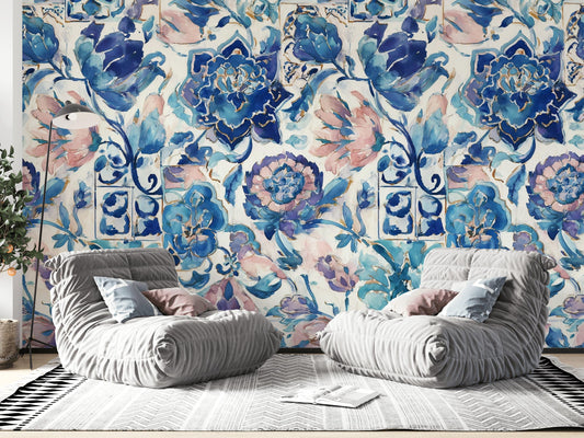 Watercolor Blue Floral Tile Wallpaper | Mediterranean Botanical Wall Mural | Bohemian Peel and Stick Decor