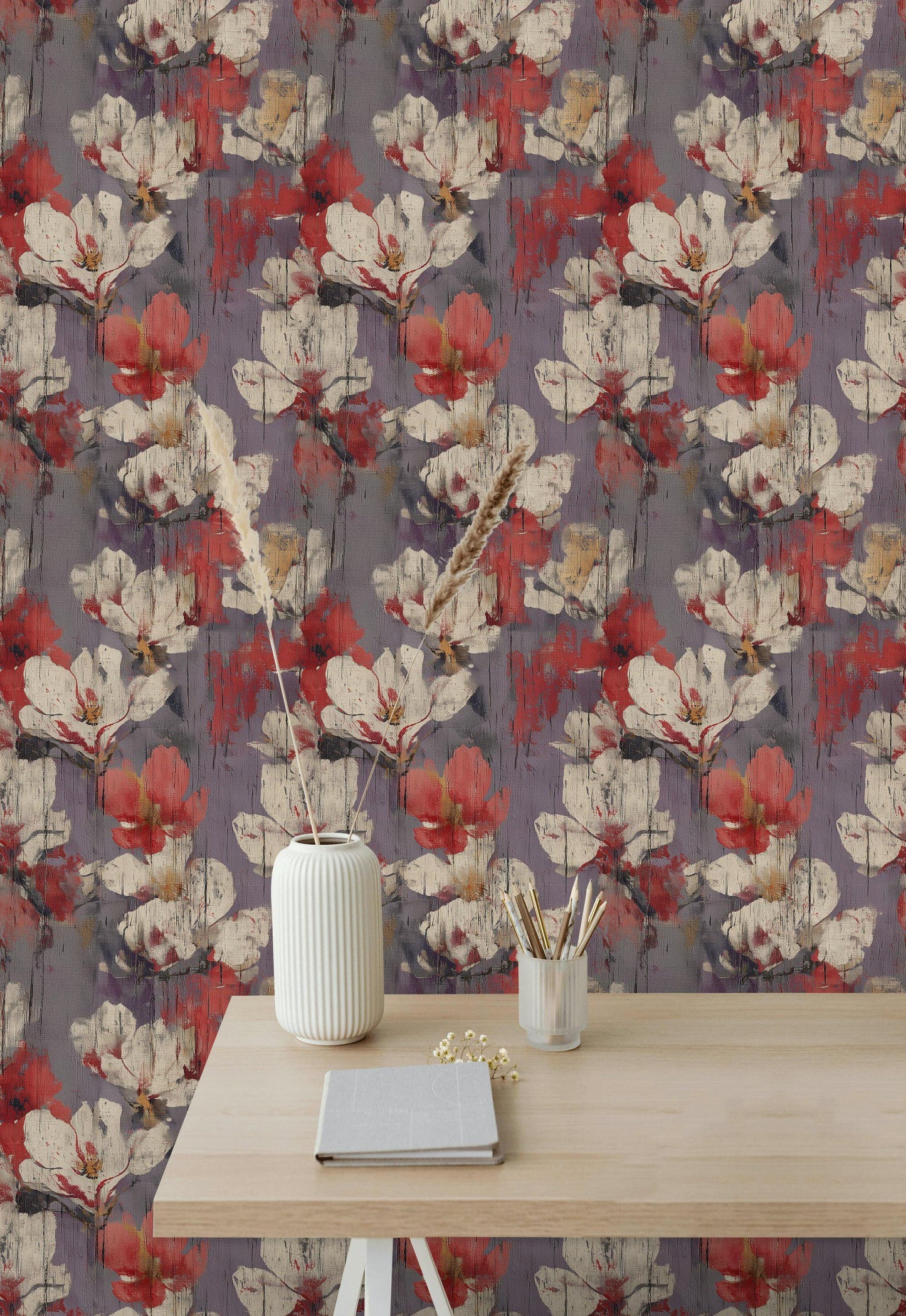 Abstract Floral Peel and Stick Wallpaper: Distressed Wood Texture Wall Mural