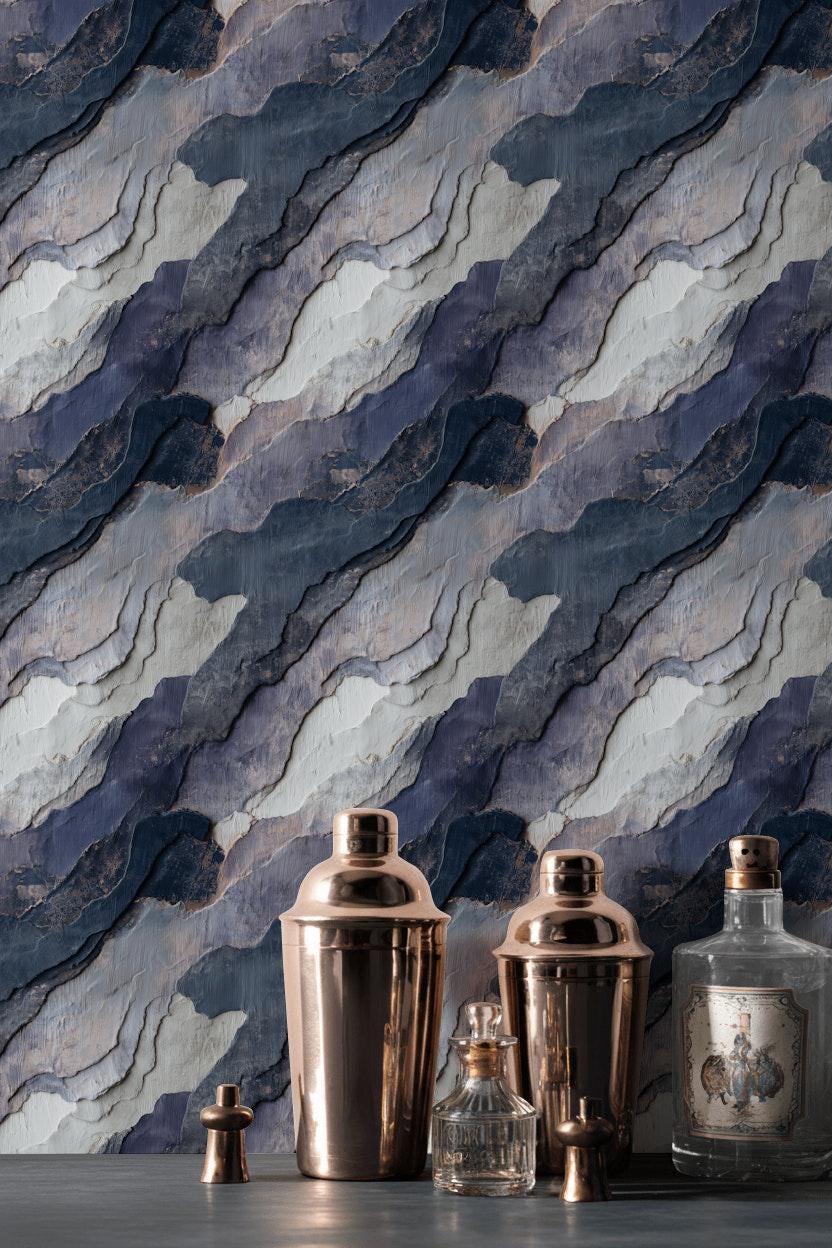 Navy Blue Stone Texture Wallpaper: Layered Abstract Peel and Stick Wall Mural