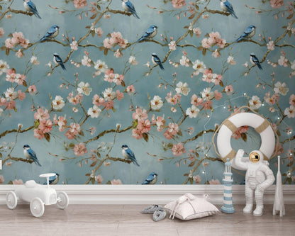 Cherry Blossom Wallpaper Mural: Peel and Stick Bird Wall Decor