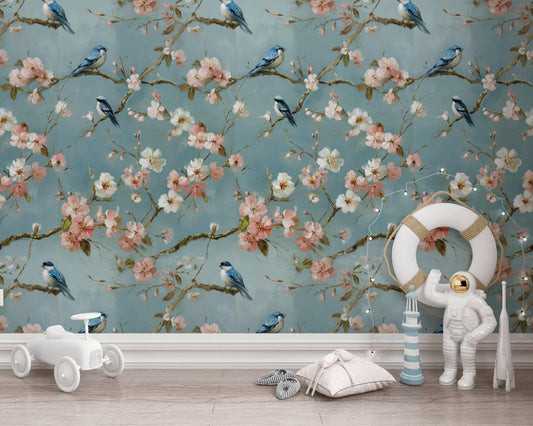Cherry Blossom Wallpaper Mural: Peel and Stick Bird Wall Decor