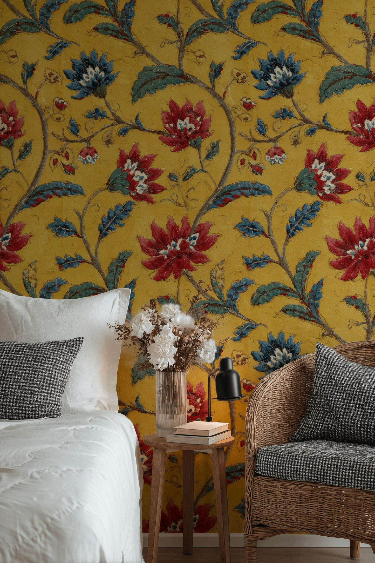 Vintage Floral Wallpaper Mural: Yellow, Red & Blue Botanical Peel and Stick
