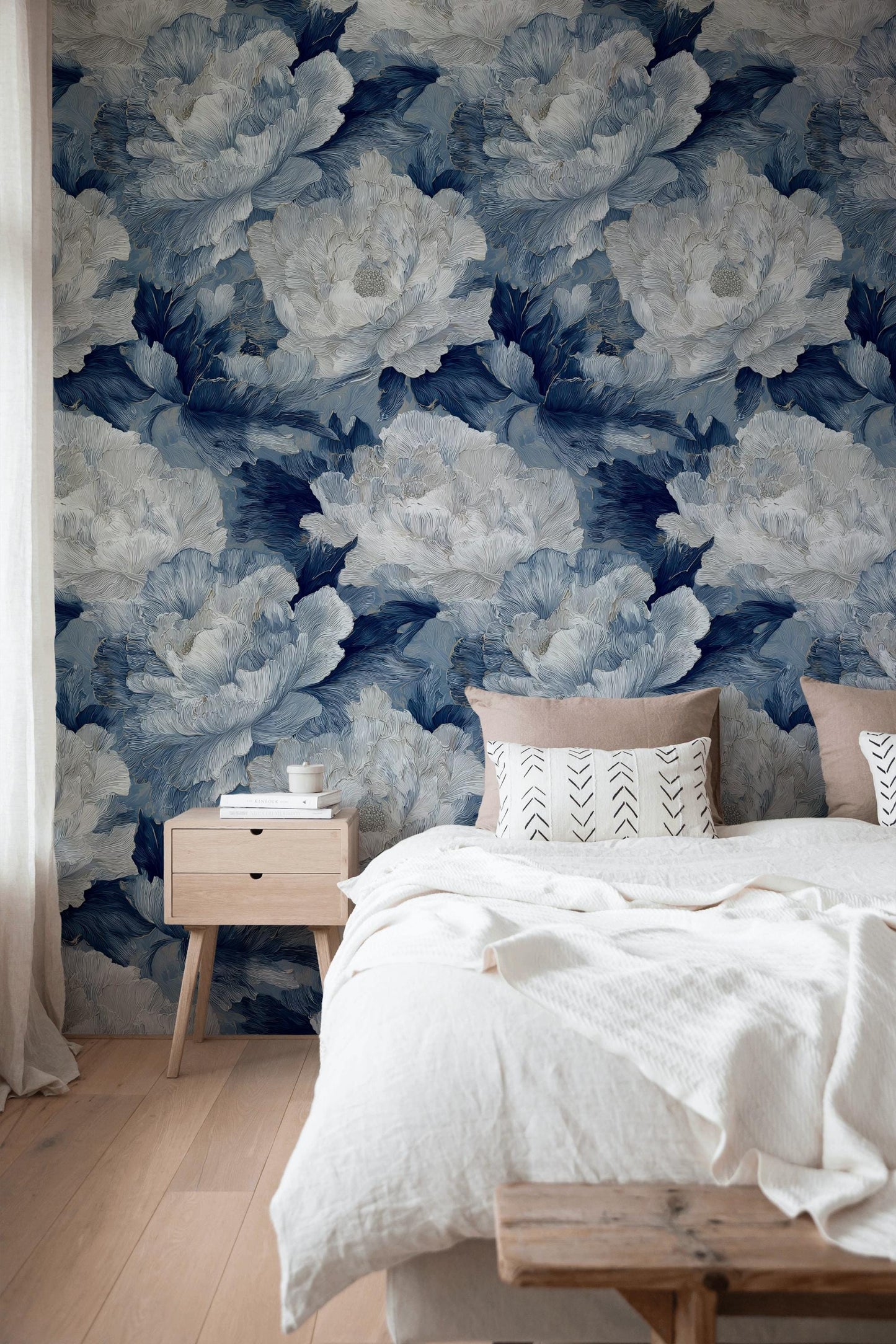 Textured Blue Floral Wallpaper, Modern Botanical Wall Mural, Peony Peel and Stick Decor