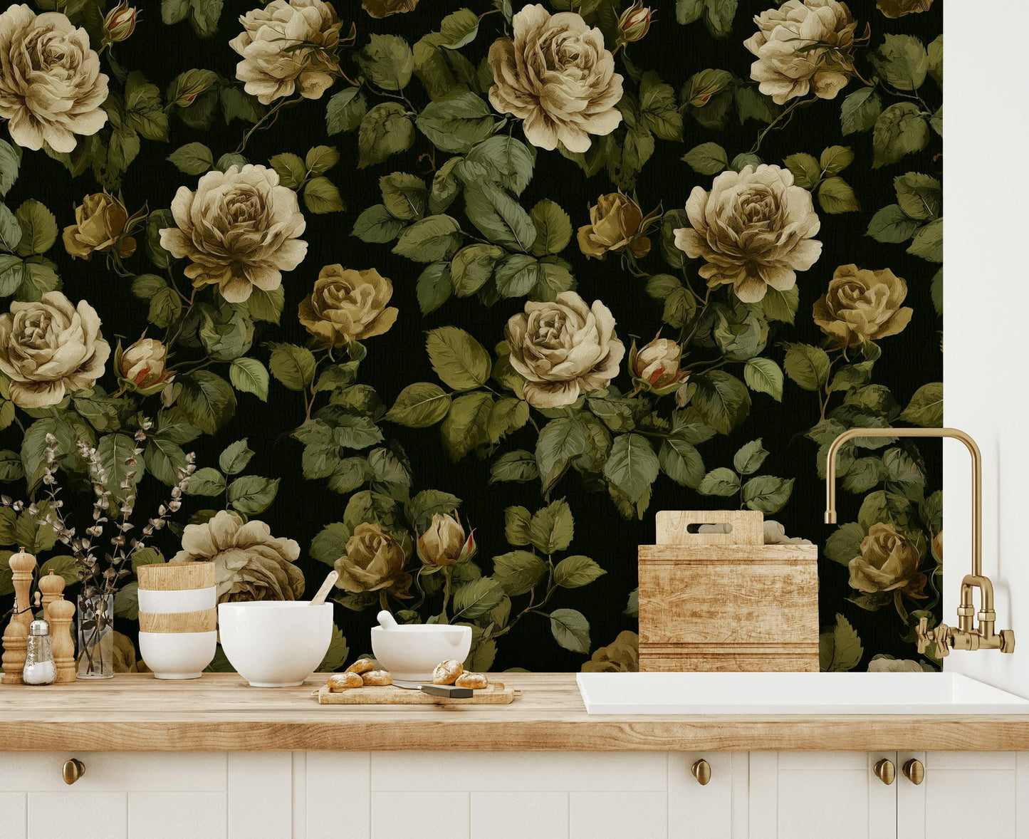 Dark Floral Wallpaper Mural: Vintage Roses, Peel and Stick