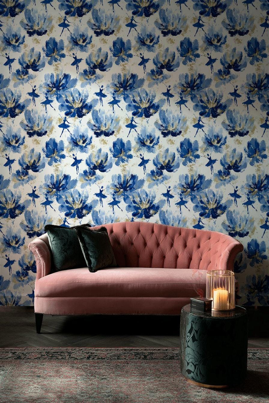 Blue Ballerina Wallpaper, Gold Accented Abstract Floral Mural, Peel & Stick or Unpasted Vertical Panel