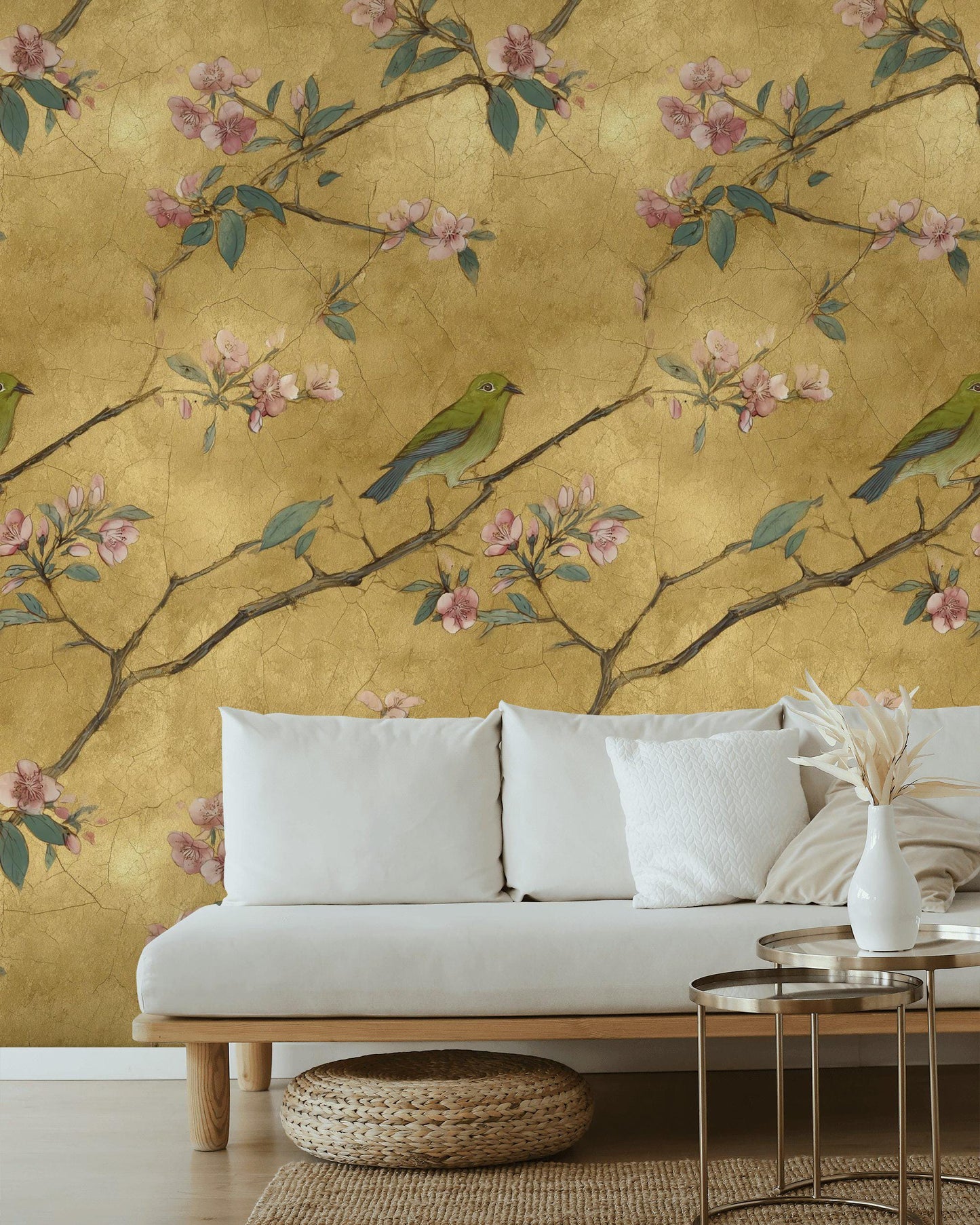 Chinoiserie Gold Leaf Wallpaper: Bird & Cherry Blossom Peel and Stick Mural