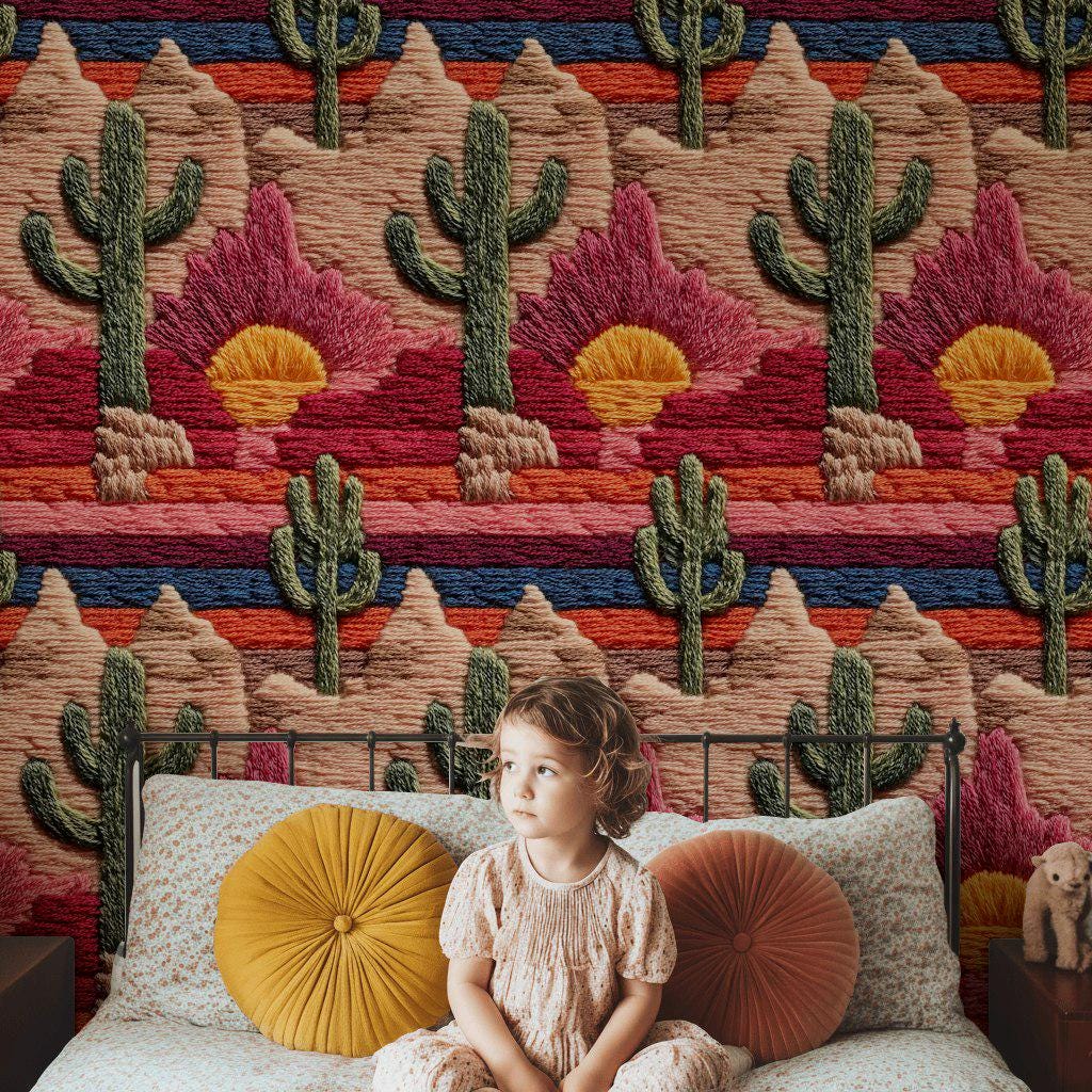 Embroidered Desert Landscape Wallpaper | Southwestern Wall Mural | Boho Peel and Stick Decor