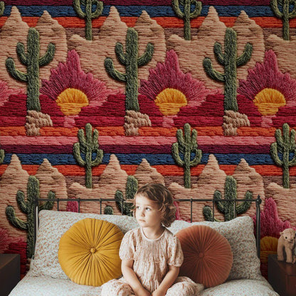 Embroidered Desert Landscape Wallpaper | Southwestern Wall Mural | Boho Peel and Stick Decor