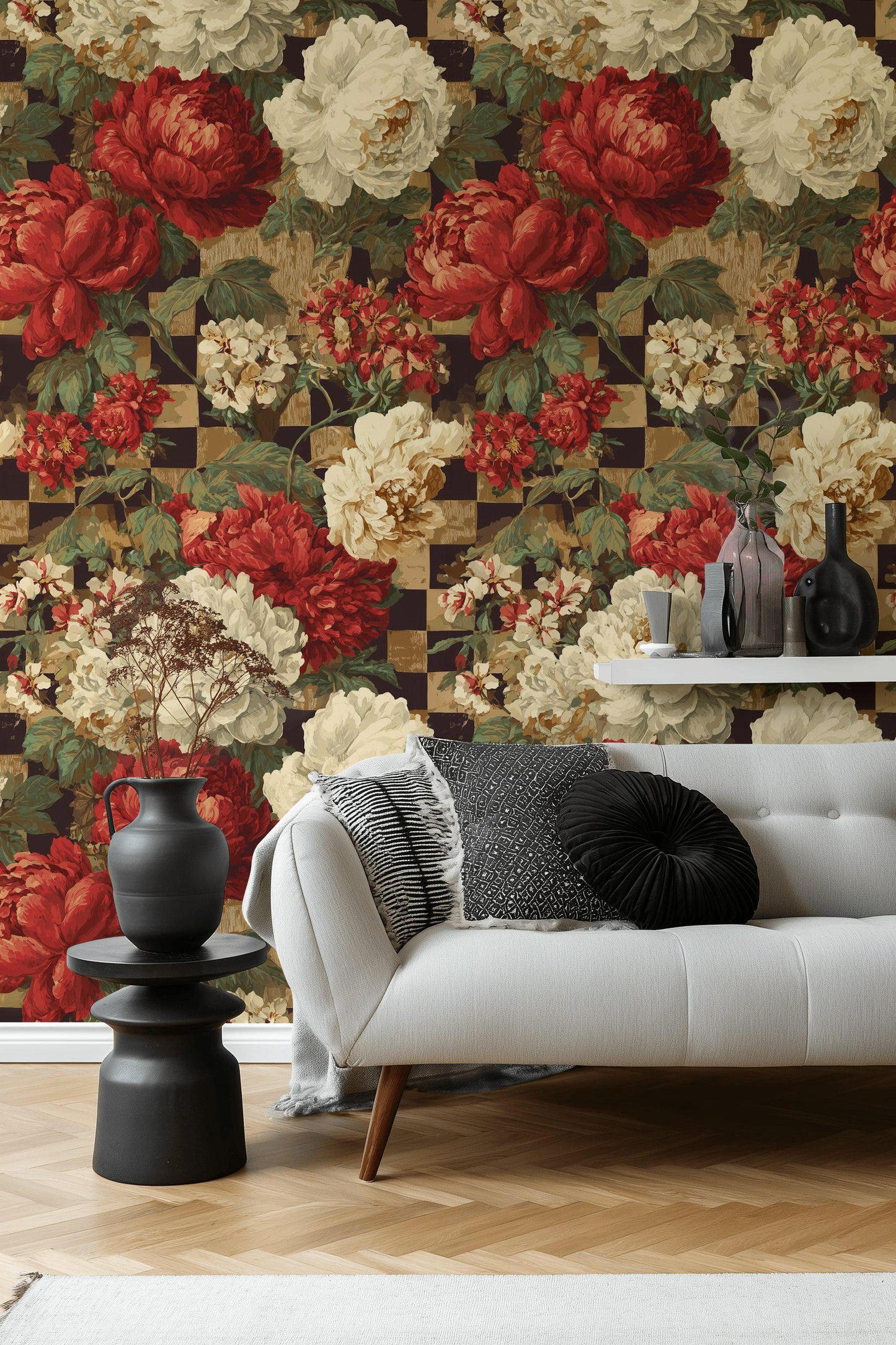 Dark Academia Floral Wallpaper: Vintage Checkered Peel and Stick Mural