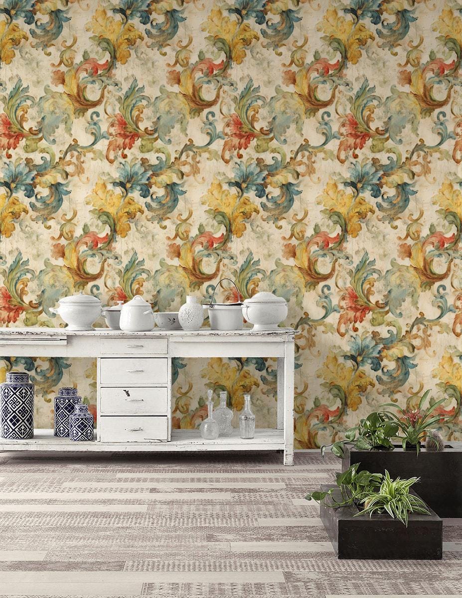 Baroque Scroll Wallpaper, Distressed Pastel Floral Mural, Peel & Stick or Unpasted Vintage Panel