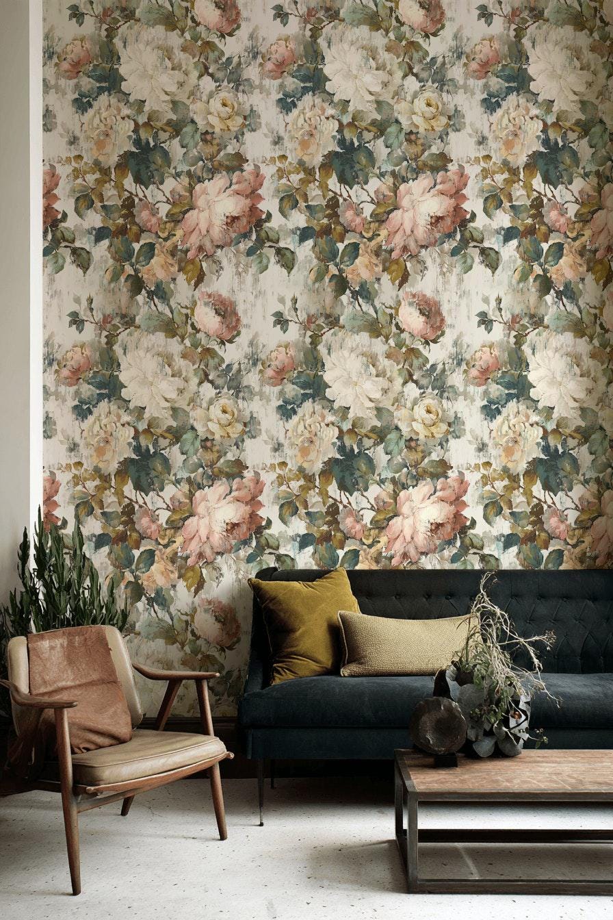 Vintage Floral Rose Wallpaper: Shabby Chic Peel and Stick Wall Mural