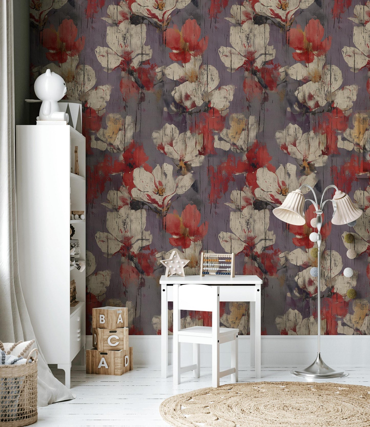 Abstract Floral Peel and Stick Wallpaper: Distressed Wood Texture Wall Mural