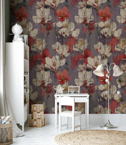 Abstract Floral Peel and Stick Wallpaper: Distressed Wood Texture Wall Mural